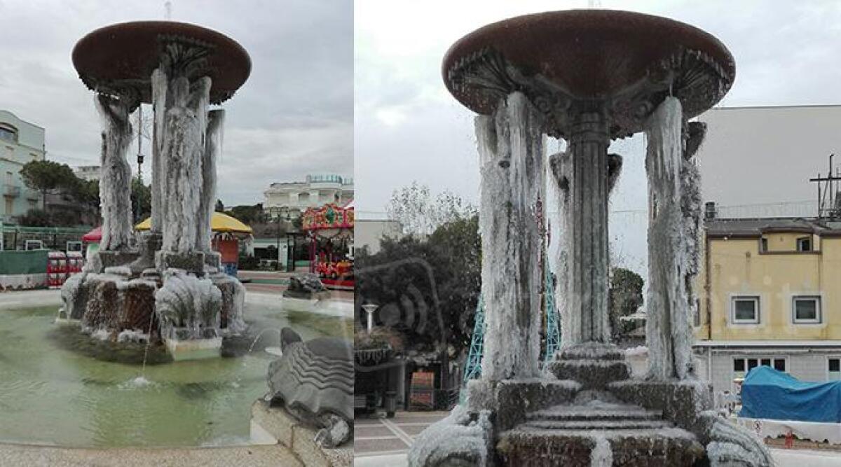 Cattolica: ricami di ghiaccio nella fontana di Piazza 1&deg; Maggio, ecco le foto - 