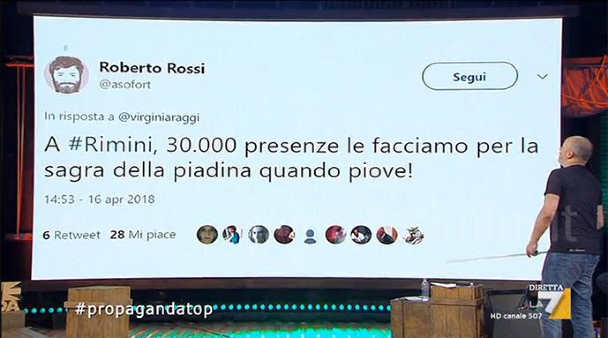 Tweet di un riminese alla Raggi finisce in tv: "A Rimini 30mila presenze le facciamo per la sagra della piadina" -