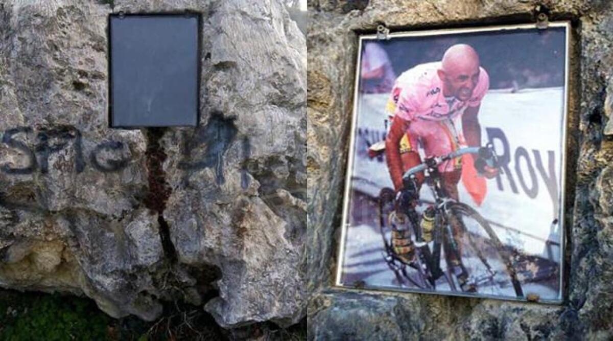Sfregiato il monumento dedicato a Marco Pantani, spunta scritta ingiuriosa con lo spray -