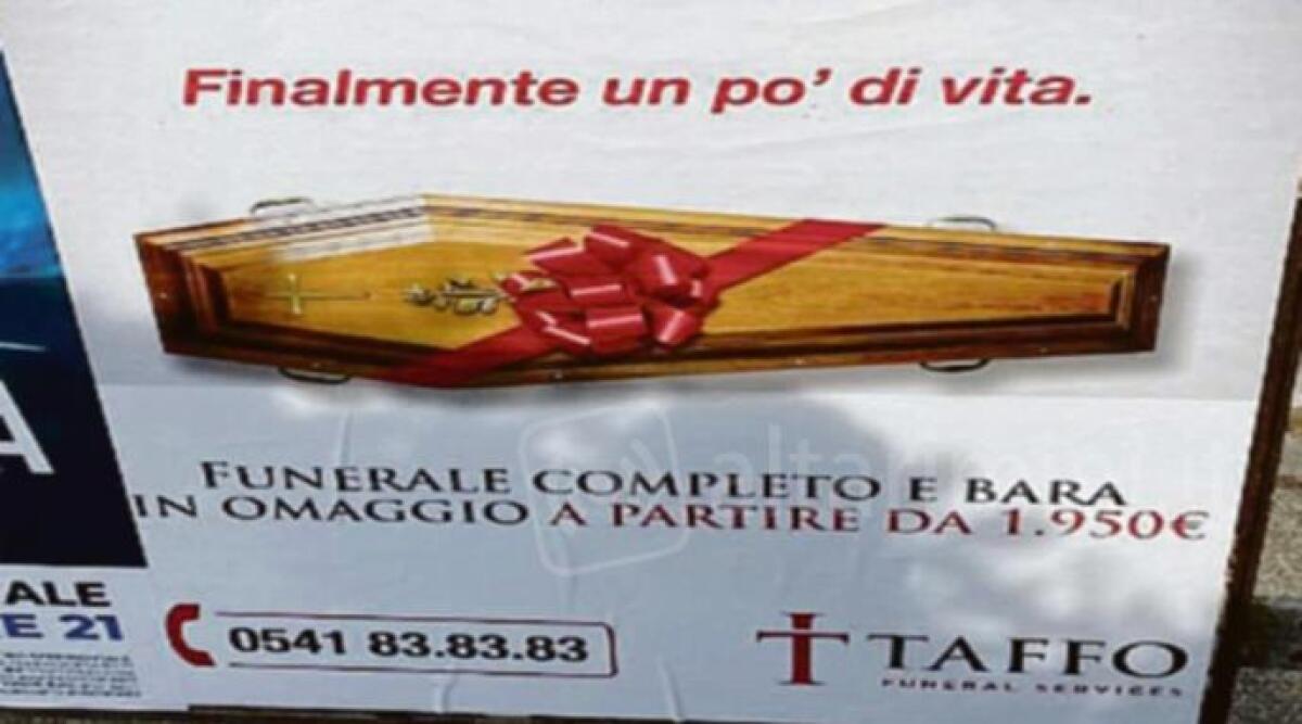 Fanno discutere i manifesti di pompe funebri, nuova sede di Taffo nel riminese -