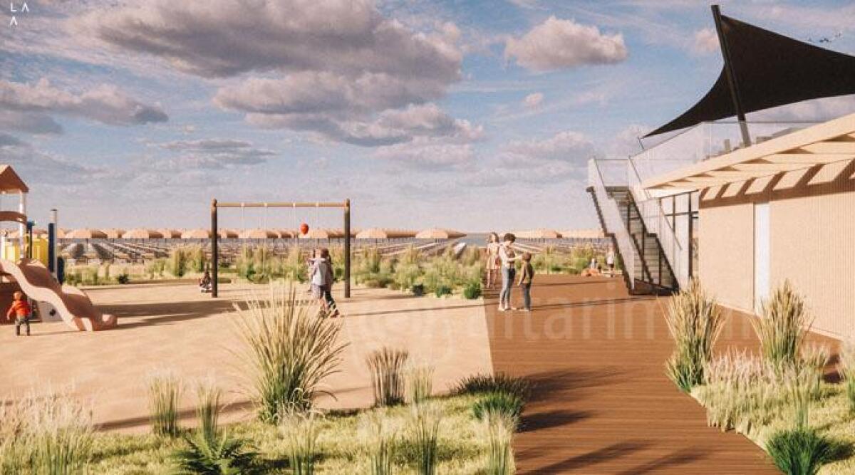 Viserba, cinque stabilimenti balneari si uniscono per ammodernare 350 metri di spiaggia - Rendering del nuovo stabilimento balneare