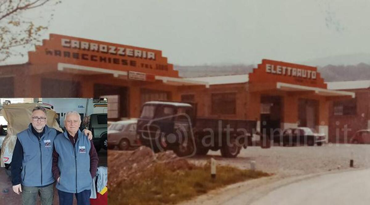 60 anni della Carrozzeria Giacomini, lo storico titolare: 'Ho imparato riparando le auto dei turisti tedeschi' - Nel riquadro Mirko e Fernando Giacomini