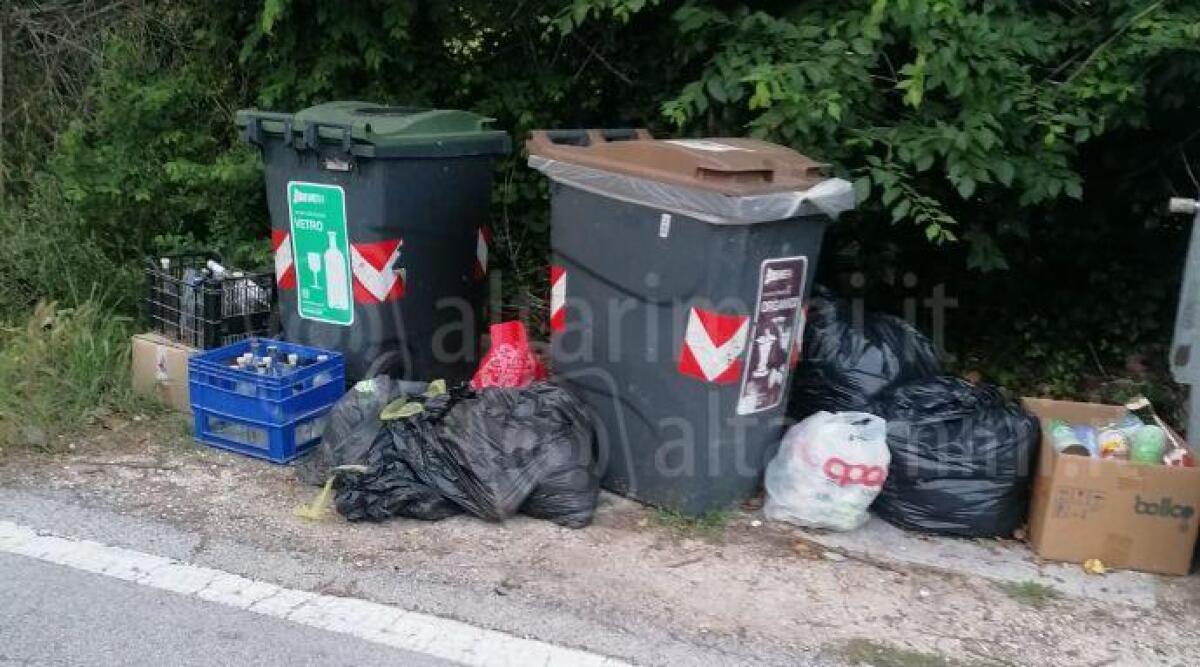 Immondizia attorno ai bidoni a Santarcangelo. La segnalazione - La foto inviata dal nostro lettore