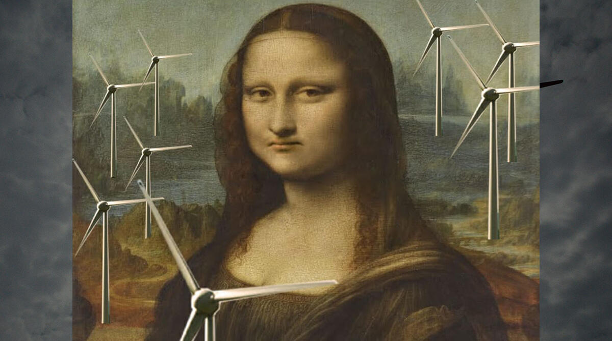 Fermate la realizzazione delle maxi-pale in Montefeltro. Pugno duro degli ambientalisti con il Ministero - La Monna Lisa circondata dalle pale eoliche (foto di Italia Nostra)