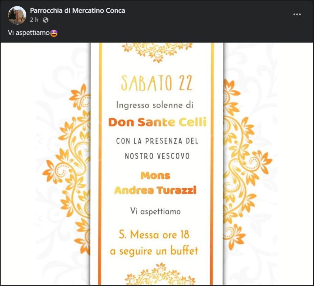 Il post pubblicato su Facebook dalla Parrocchia di Mercatino Conca