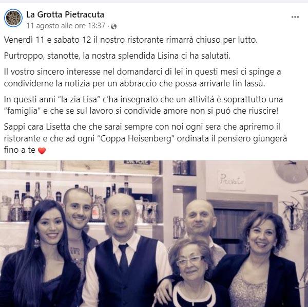 Il post pubblicato su Facebook