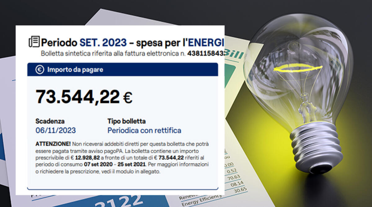 Bolletta della luce da 73 mila euro, gestore disperato in Alta Valmarecchia - Sulla sinistra uno screenshot della bolletta