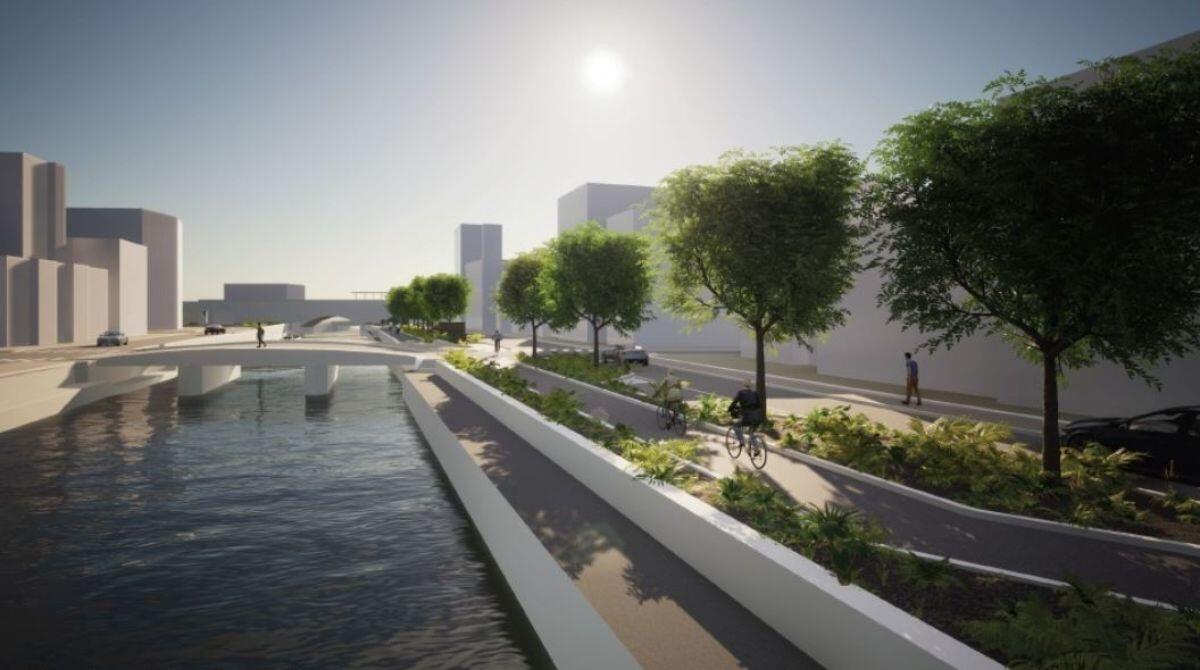 Riccione, riqualificazione "green" del Porto Canale - Rendering della vista di viale Bellini dal ponte di Viale Dante