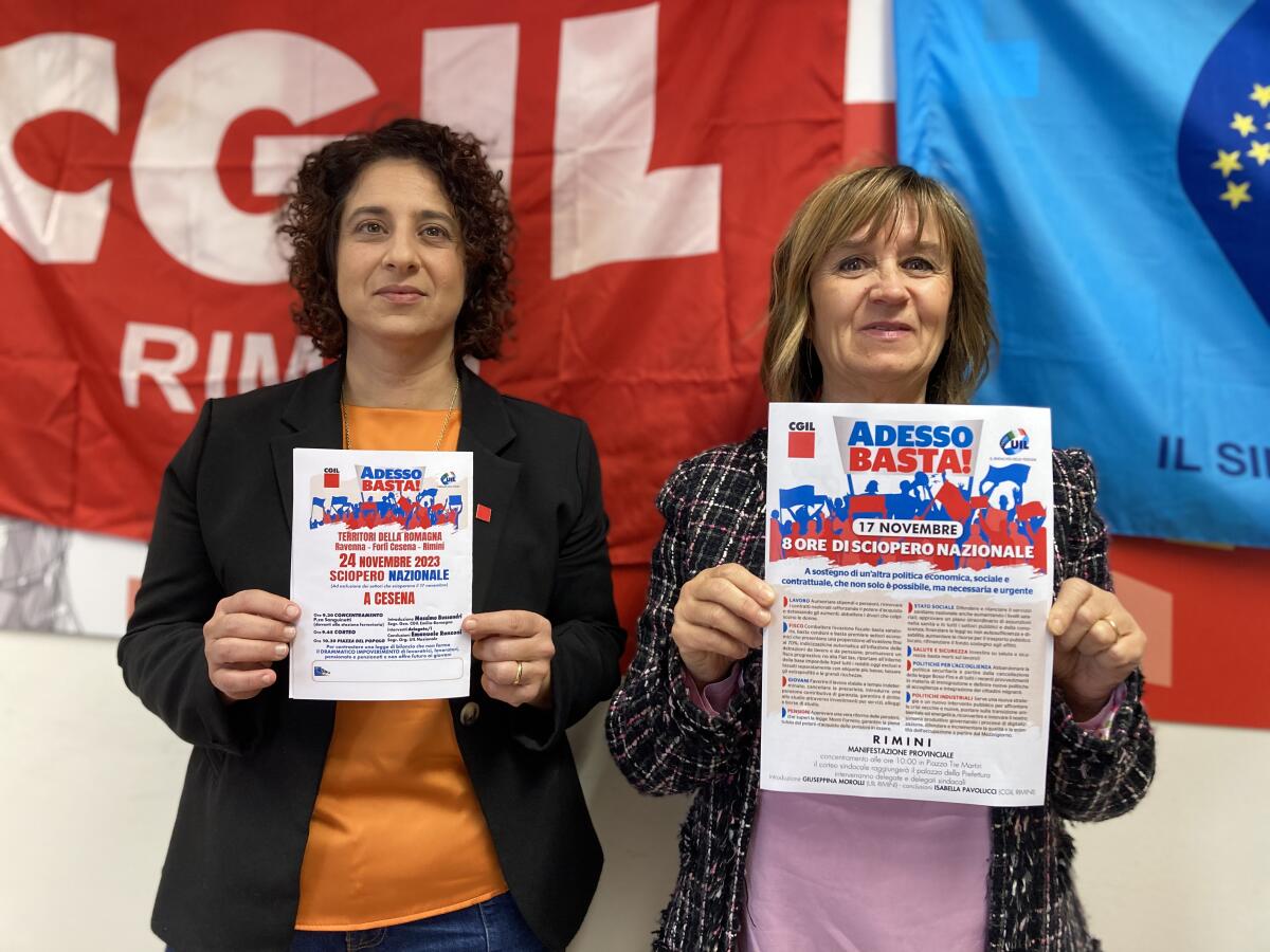 Sciopero nazionale indetto da Cgil e Uil: a Rimini presidio davanti alla Prefettura - Isabella Pavolucci e Giuseppina Morolli