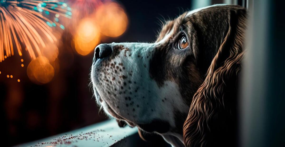 Ecco perché i fuochi d'artificio trasformano in un incubo per i cani la notte di Capodanno: l'appello del veterinario - Dog look out the window and watching the fireworksshot Generative AI