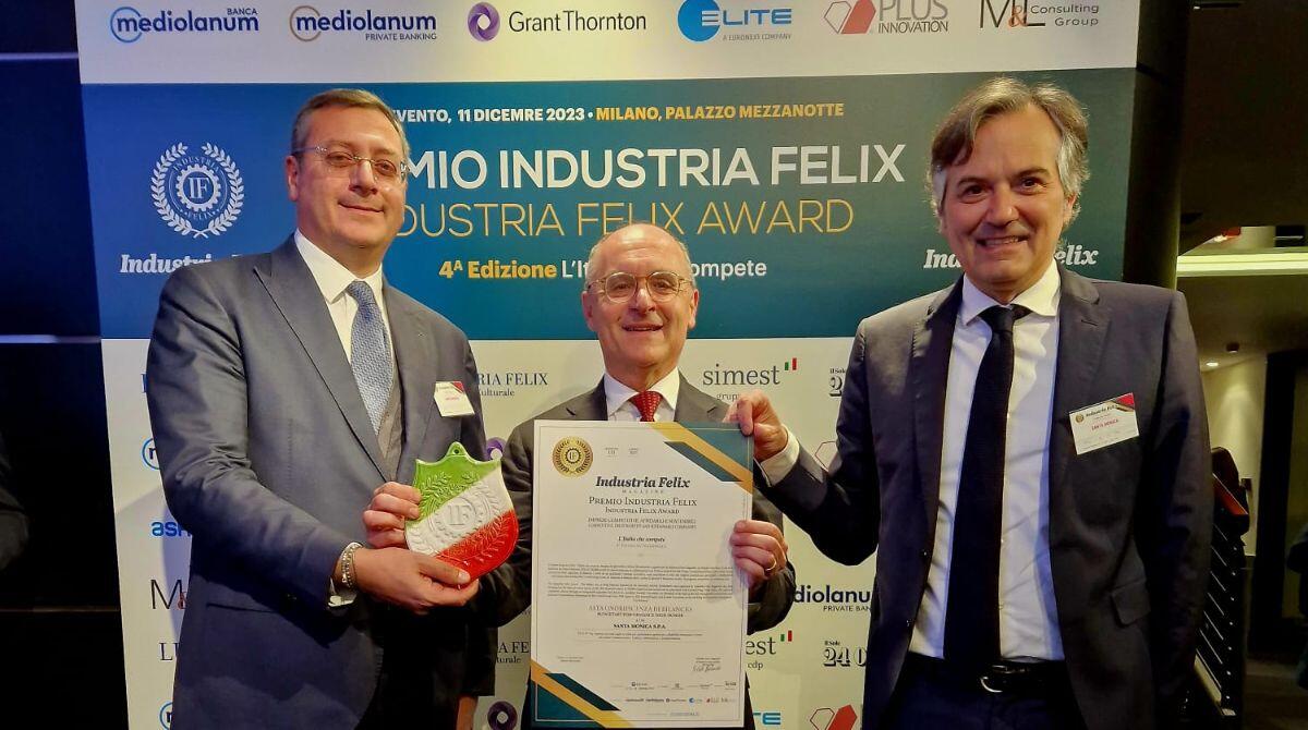 Premio Industria Felix alla Santa Monica Spa: la proprietà del Misano World Circuit tra le 196 imprese più competitive in Italia - Luca Colaiacovo, Mariano Spigarelli ed Andrea Albani