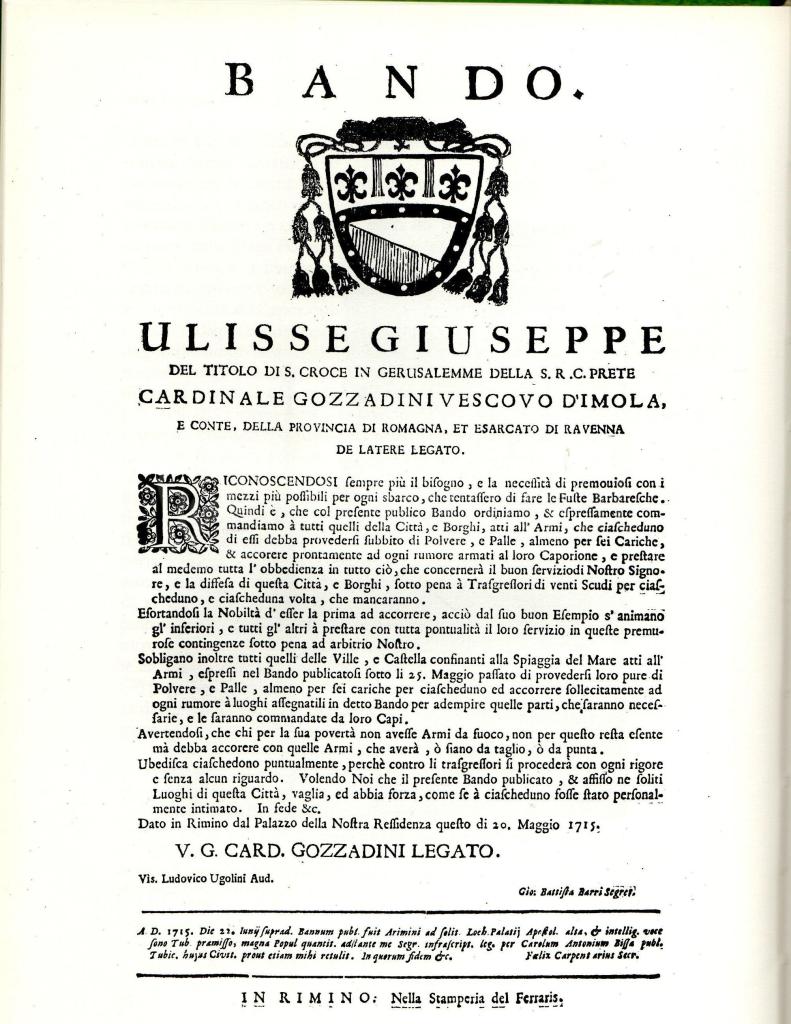 Il bando di disposizioni di difesa in caso di sbarco dei turchi sulla costa riminese – Immagine dal libro “Storia di Bellaria-Bordonchio-Igea Marina 1500-1970”