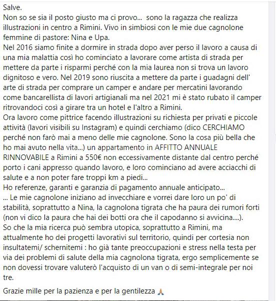 L’appello postato sulla pagina Facebook SOS Rimini