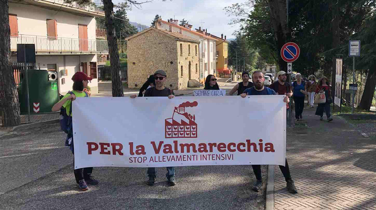 In marcia verso il municipio di Maiolo con una bara: cittadini e comitato contro l'allevamento Fileni - PH Claudio Cardelli