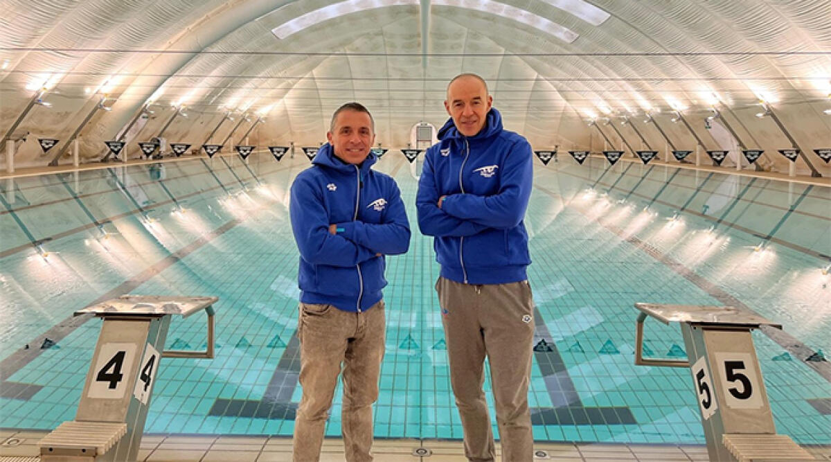 Riccione inaugura la copertura pressostatica della piscina olimpica - Nella foto: il presidente di Polisportiva Riccione Michele Nitti ( a sinistra) e il direttore tecnico Massimiliano Benedetti