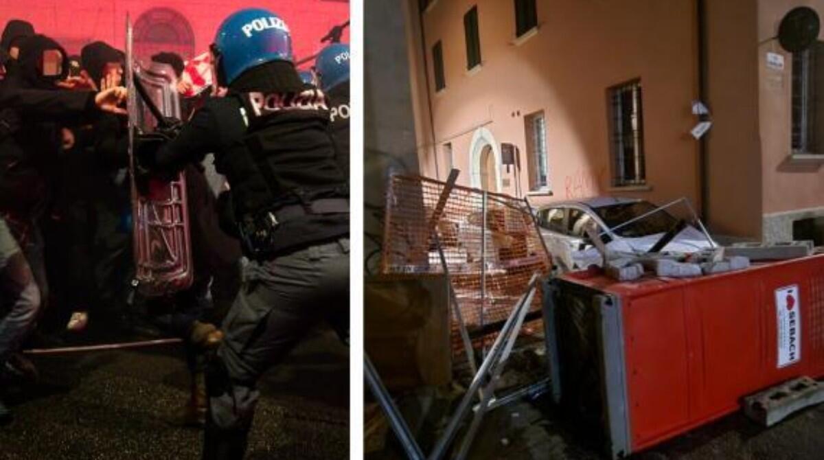 In piazza per Ramy anche a Bologna: petardi e vetrine infrante - A destra i tumulti di Roma e a sinistra le barricate di Bologna. Foto Corriere Bologna.