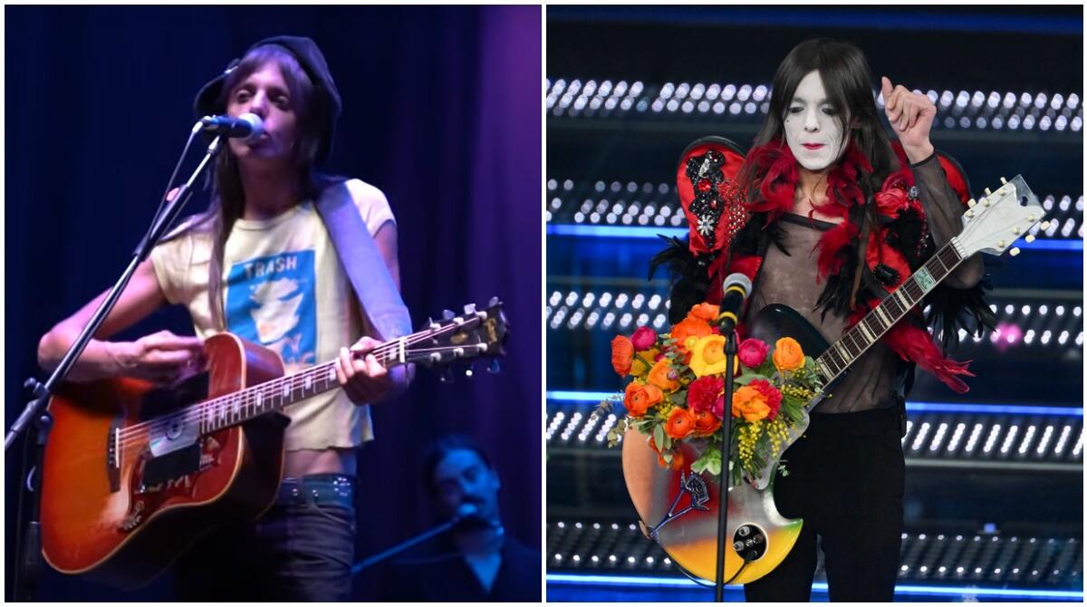 Lucio Corsi e quella chitarra scoperta a Novafeltria nel 2023 grazie a Ivan Graziani - Lucio Corsi in concerto a Novafeltria (a sinistra) e in finale a Sanremo 2025 (a destra)
