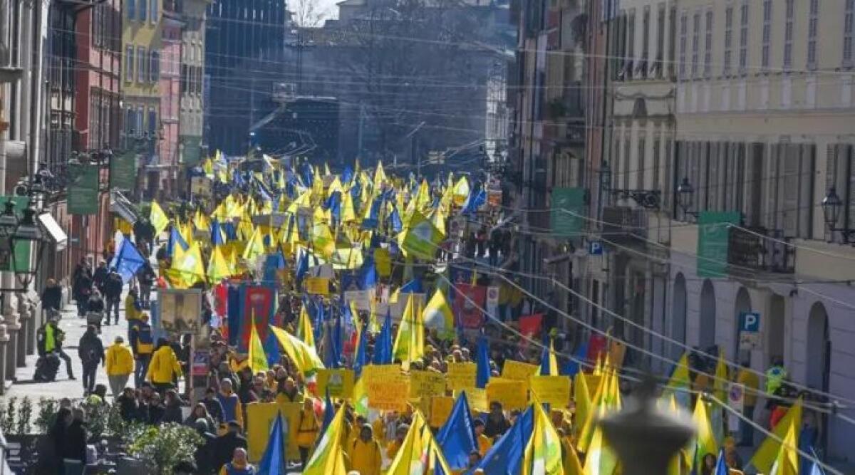 Parma invasa dalle bandiere gialle: 20mila in piazza contro il cibo sintetico - Ph Ansa
