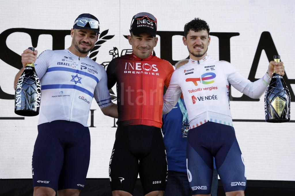 Settimana Internazionale Coppi e Bartali 2025 – 40th Edition – 1st stage Ferrara – Bondeno 174,5km – 25/03/2025 – Caleb Ewan (AUS – INEOS Grenadiers) – Oded Kogut (ISR – Israel – Premier Tech) – Jason Tesson (FRA – Team TotalEnergies) – photo Massimo Fulg