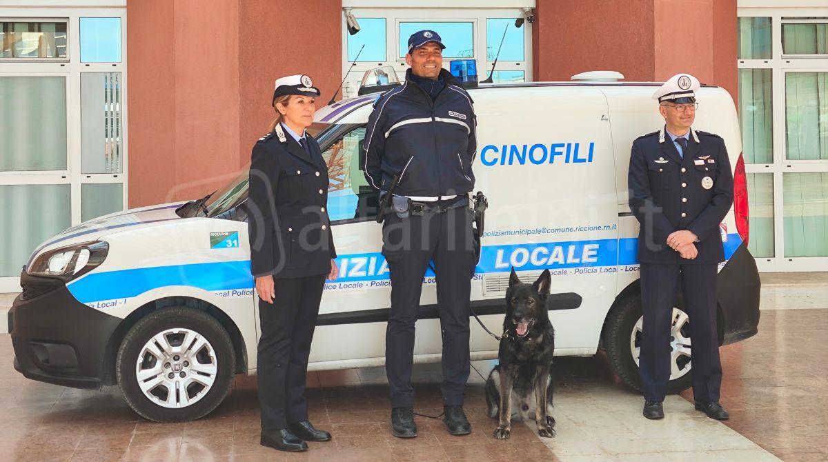 Ziko compie 8 anni: il cane antidroga simbolo della Polizia Locale di Riccione, Misano e Coriano - Comandante Isotta Macini, assistente Luca Biagini, Ziko, vicecomandante Vincenzo Giuliani