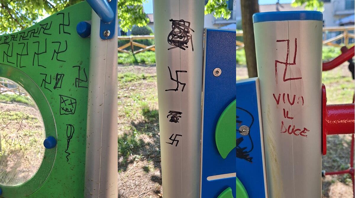 Svastiche e la scritta "Viva il Duce": deturpato il parco giochi a Pietracuta. Sdegno del Pd -