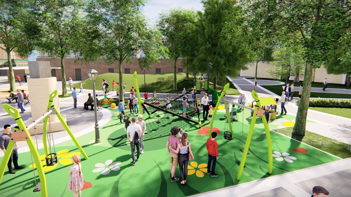 Piazza Ferrari "rinasce": nuovi arredi e più telecamere. I lavori al via dal 18 giugno - Rendering dell'area verde