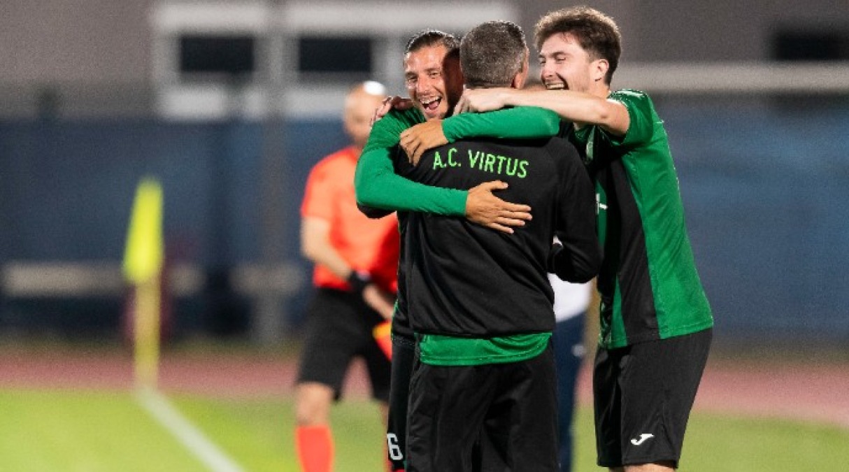 Calcio RSM, mercoledì l’andata dei quarti di finale - L'esultanza della Virtus