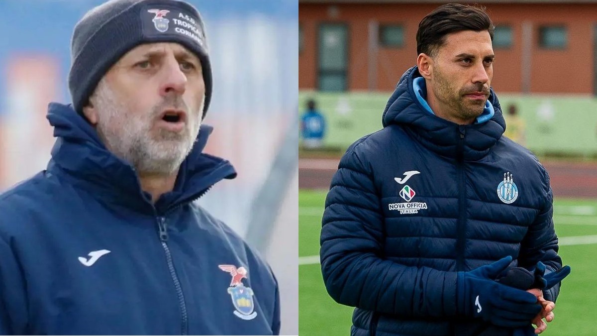 La capolista Ostiamare rifila la "manita" al San Marino, buon pari per il Tropical con il Progresso - Da sinistra: Massimo Scardovi (all. Tropical Coriano), Corrado Ingenito (all. San Marino)