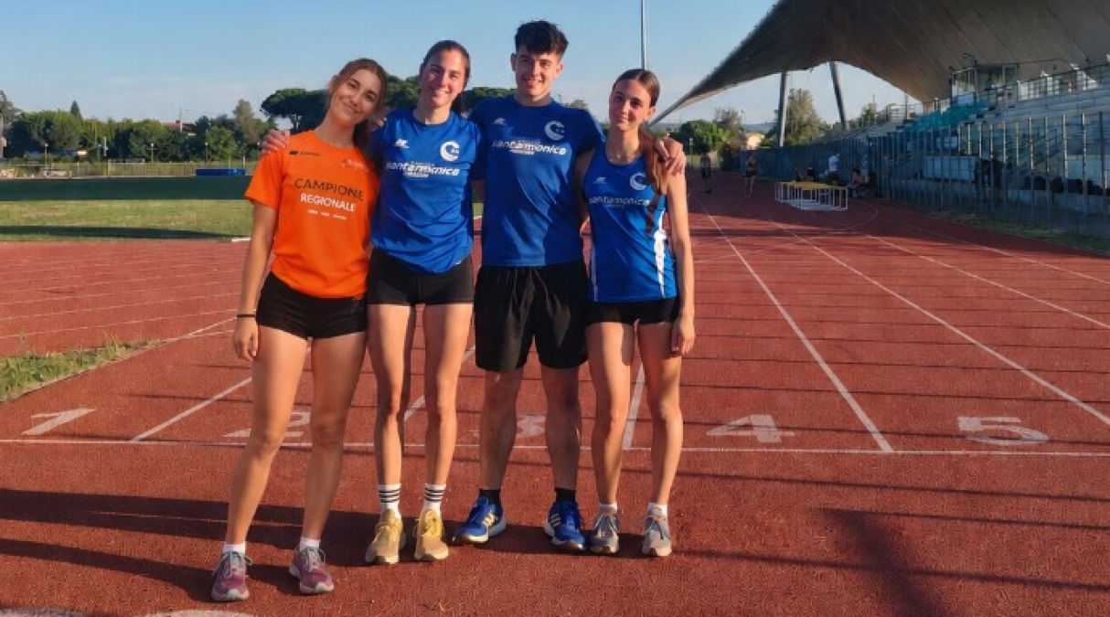 Atletica Santamonica protagonista a Grosseto e Imola - Da sx Elena Vanzolini, Giulia Ciavatta, Pietro Rastelli, Irene Fusco