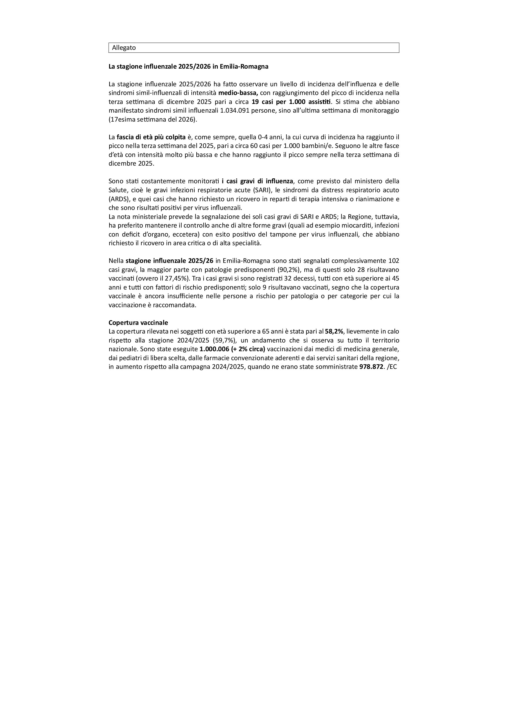 Dati influenza ultima stagione